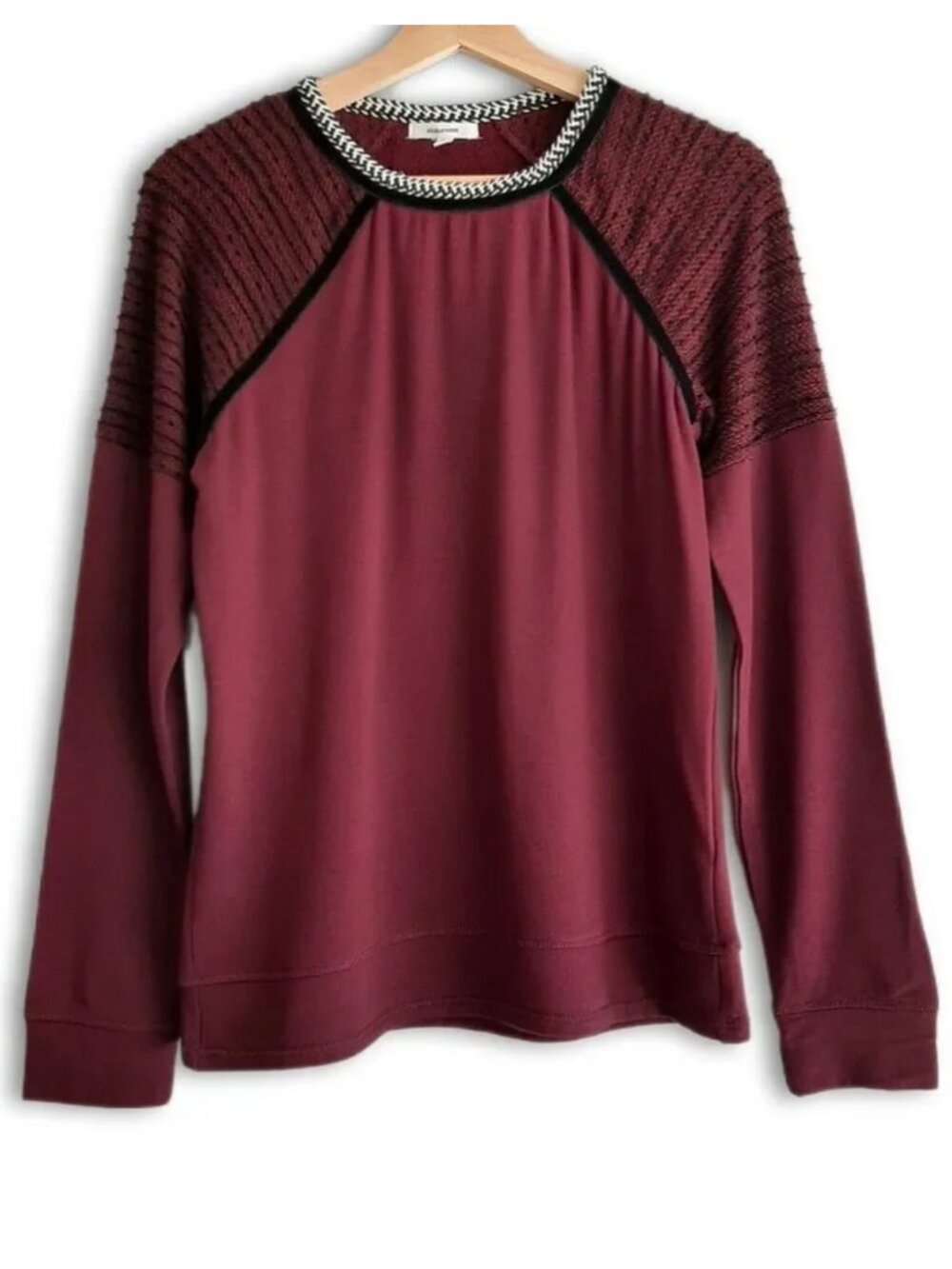 MAURICES Mixed Media Long Sleeve Soft Crewneck Top Tee Wine Burgundy Red Sz XS